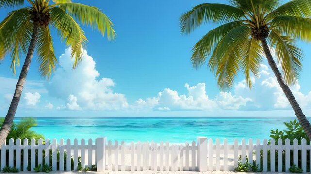 Idyllic tropical seaside landscape with palm trees and azure water seen through white picket fence, suitable for tourism campaigns, summer banners, or beach resort brochures. zoom out