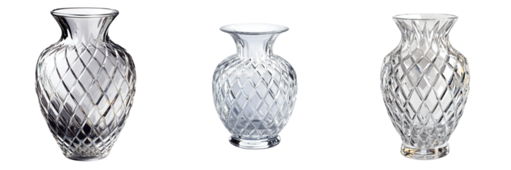 Set of Studio photograph of an ornamental glass vase made from clear crystal, highly reflective with fine detail in facets, clean on pure on transparent png background. Ai generated