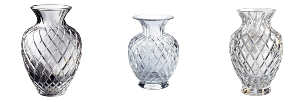 Set of Studio photograph of an ornamental glass vase made from clear crystal, highly reflective with fine detail in facets, clean on pure on transparent png background. Ai generated