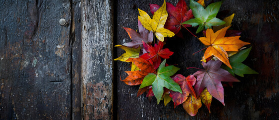 Obraz premium Colorful Autumn Leaf Wreath On Dark Wood Background