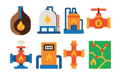 Flat vector icons of natural gas storage and distribution: underground storage cavern, LNG storage tank, distribution station, pipeline valve control, pressure relief device, gas metering station,
