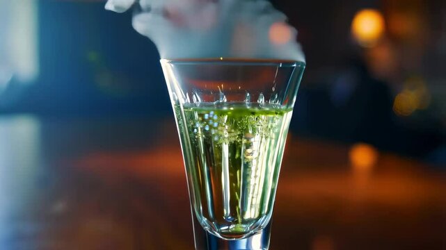 A shot glass filled with a green, bubbling liquid, with smoke rising from it, positioned on a bar counter with blurred lights in the background. unique and smoky cocktails or absinthe preparation