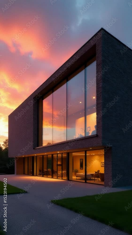Poster A building with multiple windows on its facade, set against the backdrop of a beautiful sunset