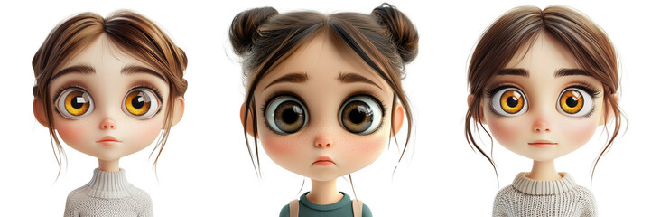 Set of Studio shot of a sweet-eyed girl cartoon character with delicate features and warm expression on pure on transparent png background. Ai generated