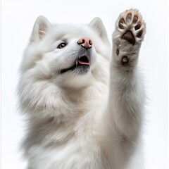 Adorable Fluffy White Samoyed Dog Lifting Paw - Happy & Playful Canine Portrait