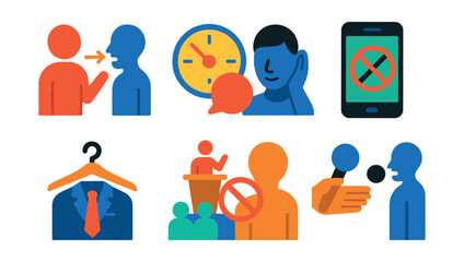 Flat vector icons of speech etiquette and rules: turn-taking gesture icon, speaking time limit clock, respectful listening pose, mobile phone silence sign, dress code hanger, stage etiquette chart,