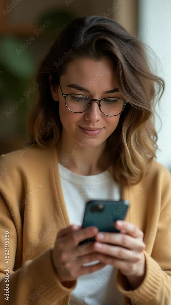 Poster A person smiling while checking their mobile device