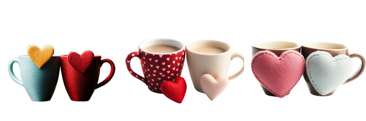 Set of Two matching mugs of coffee with visible steam rising, a heart-shaped cookie on a wooden coaster between them on pure on transparent png background. Ai generated