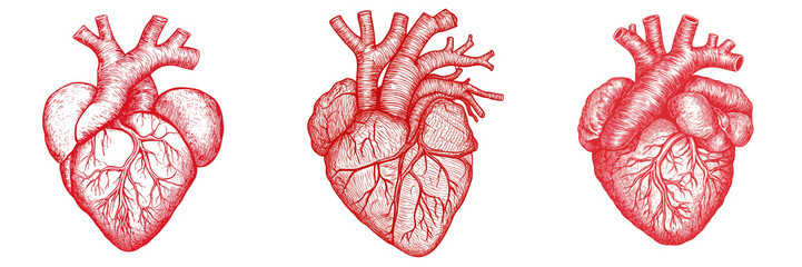 Set of Vivid red heart-shaped balloon floating or lying against a white studio backdrop on pure on transparent png background. Ai generated