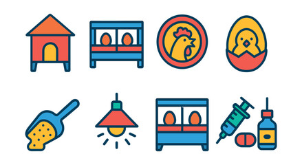 Naklejka premium Flat vector icons of poultry and egg farming: chicken coop icon, egg laying cage, rooster crow badge, chick hatching egg, feed scoop symbol, brooder heater lamp, nesting box unit, poultry vaccination