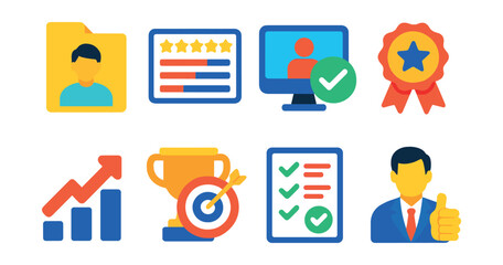 Fototapeta premium Flat vector icons of performance evaluation rewards: performance review file, rating stars chart, evaluation result screen, excellence badge stamp, promotion arrow, KPI target trophy, appraisal form