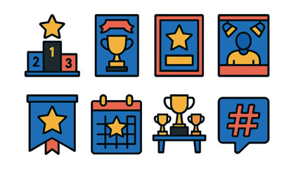 Fototapeta premium Flat vector icons of recognition events and programs: award ceremony podium, internal awards gala invite, recognition wall plaque, spotlight nominee frame, excellence program banner, recognition