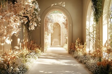 Fototapeta premium Wedding aisle with pink floral archway and chairs under a bright blue sky with fluffy white clouds