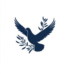 Obraz premium Dark navy blue silhouette of a dove in flight, encircled by olive branches