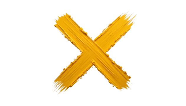 Gold brush stroke x symbol design element abstract art on black background on transparent background