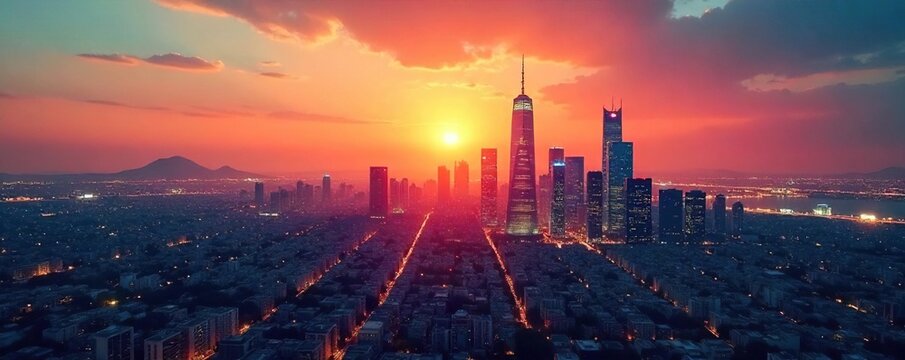 A sleek, modern cityscape skyline at sunset, symbolizing the far-reaching influence and high status associated with prestige and achievement , reach, panoramic