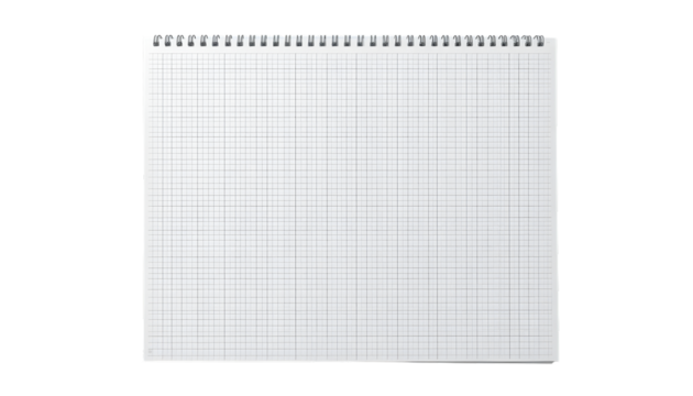 White graph paper notebook for engineering design and math calculations on transparent background