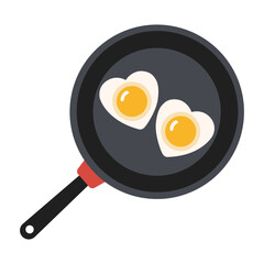 Vector illustration of a black frying pan with two heart-shaped fried eggs. Cute food concept for breakfast or love-themed designs. Isolated on white background.