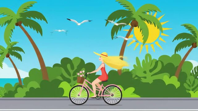 Blonde Woman in Red Dress Rides Pink Bicycle on Sunny Beach Road - Powered by Adobe