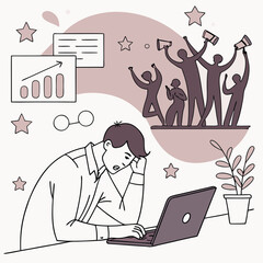 Stressed man working dreaming of success celebration line art illustration