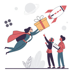 Superhero woman delivering gift flat style illustration