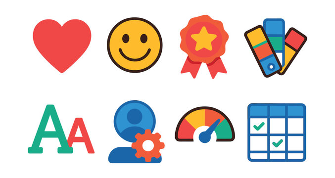 Flat vector icons of personal preferences and tastes: heart favorite icon, smiley face rating, star award badge, color palette choice, font style selector, profile settings gear, mood indicator dial,