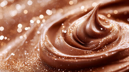 Delicious, smooth, glossy chocolate is swirled into a decorative icing pattern. Shimmering gold glitter is sprinkled throughout the dessert topping, adding sparkle and texture