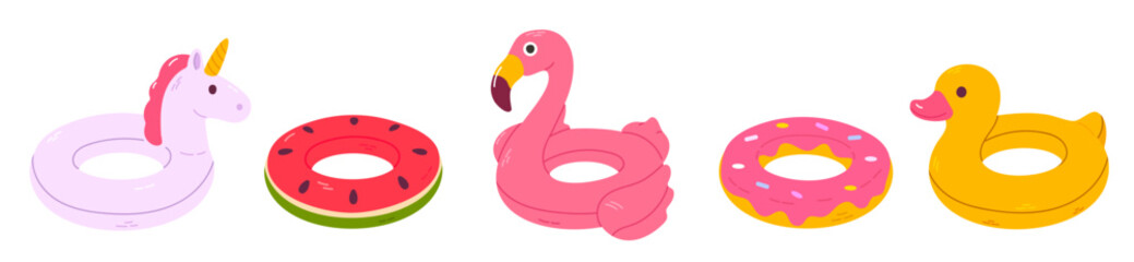 Collection of five inflatable pool floats shaped like unicorn, watermelon, flamingo, donut, and duck, perfect for summer design kits and kids' vacation graphics