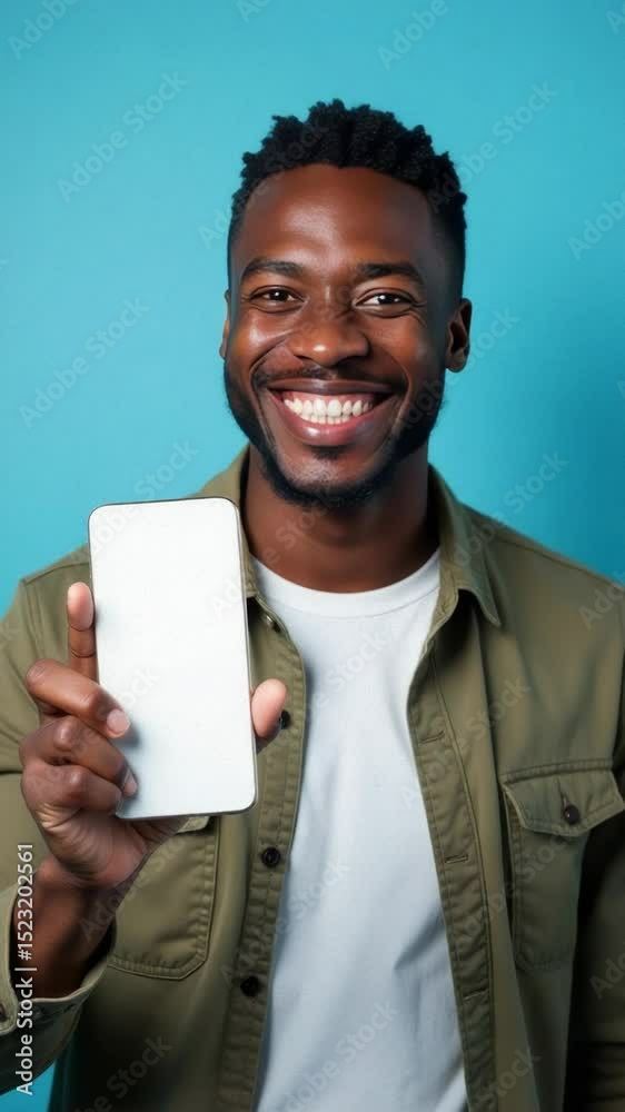 Poster a smiling person holding up a mobile device