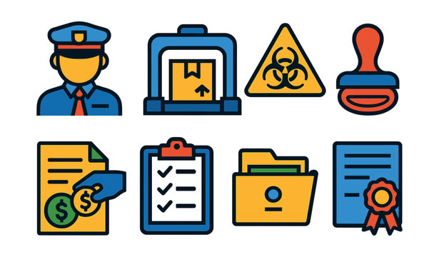 Flat vector icons of port customs clearance: customs officer icon, cargo inspection scanner, quarantine sign, customs stamp badge, duty payment icon, inspection checklist, documentation folder,