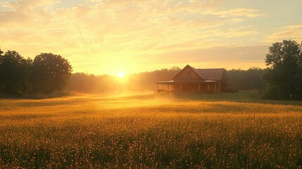 House in a field at sunrise with fog and trees in the background creating a peaceful landscape view
