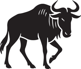 Wildebeest silhouette in profile black style, African antelope bold vector graphic