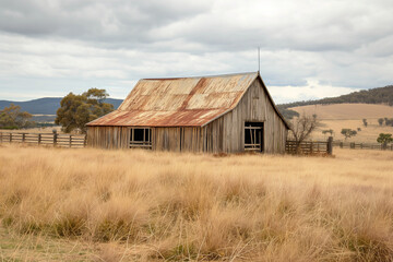 Old Rustic Abandoned Barn in a a wheat field in the countryside