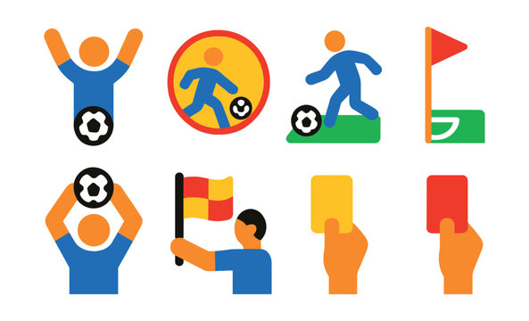 Flat vector icons of football game actions: goal celebration icon, penalty kick badge, free kick, corner kick flag, throw-in, offside signal, yellow card, red card.