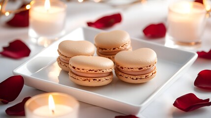 Fototapeta premium A box of heart shaped macarons on a white plate surrounded by rose petals and candles