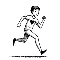 Obraz premium Person running with heart on shirt. Energetic runner jogging outdoors. Illustration of healthy lifestyle for fitness posters and medical brochures.