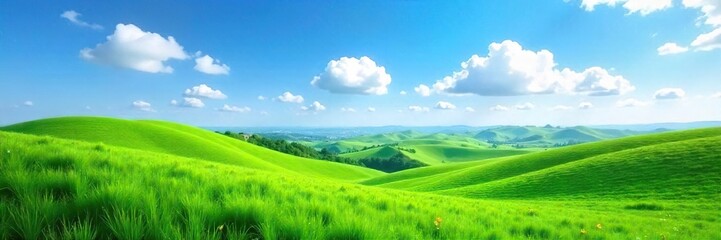 Obraz premium Serene landscape of rolling green hills under a vibrant blue sky, evoking feelings of peace and tranquility; perfect for wellness and nature-themed projects , healing, blue sky, nature