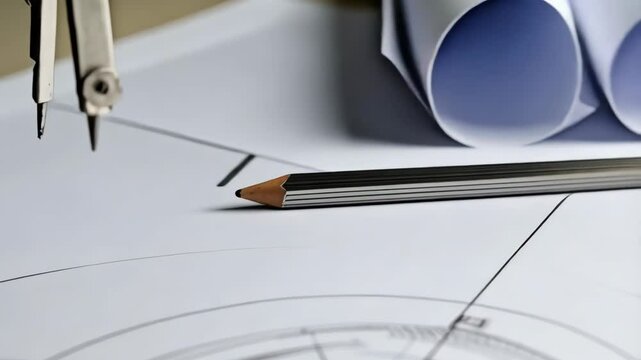 Architectural compass drawing circle on blueprint, with pencil and rolled up plans, technical drawing concept.