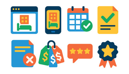 Flat vector icons of hotel booking platforms: website icon, mobile booking app badge, calendar availability, booking confirmation, cancellation policy, price comparison, customer reviews, loyalty