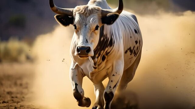  Charging bull raises dust with horns and mottled coat in desert landscape running at full speed in natural environment