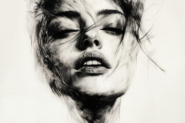 Monochrome pencil drawing in charcoal of a woman's face