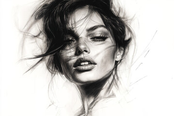 Monochrome pencil drawing in charcoal of a woman's face