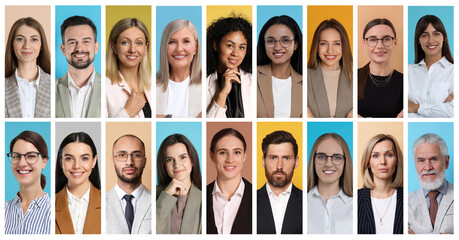 Many different business people, collage of portraits on color backgrounds