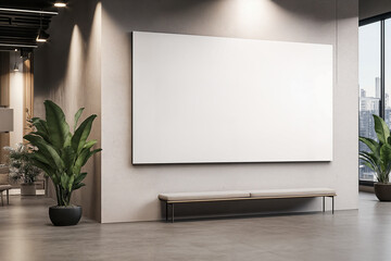 mockup. large, plain white canvas, artwork, mounted horizontally in landscape orientation on the wall of a modern office lobby with good lighting and potted plants