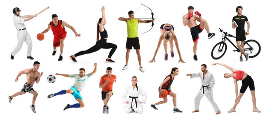 People engaged in different sport activities on white background, collage
