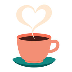 Vector illustration of a hot coffee cup with heart-shaped steam. Symbol of warmth, love, and cozy morning vibes. Flat cartoon style.