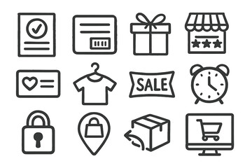 Shopping and delivery icons with lock and clock illustrations on dark background