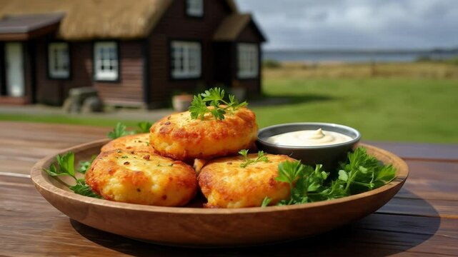 Traditional icelandic fiskibollur fish cakes with creamy sauce and parsley on wooden plate outdoors