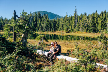 Family hiking, Paradise Meadows Loop Trail, Strathcona Provincial Park, Vancouver Island, BC, Canada