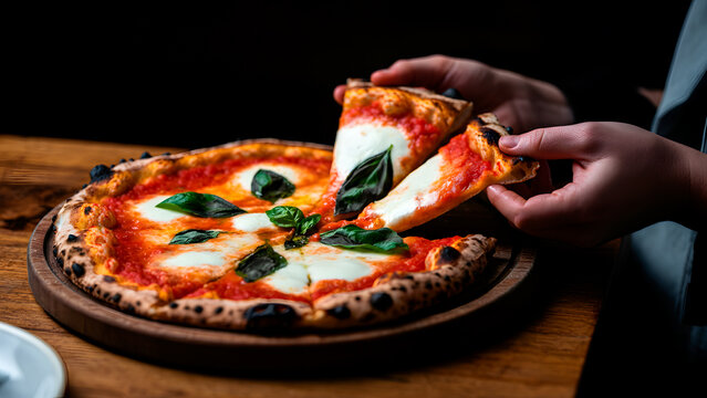 Hand taking slice of traditional Italian Margherita pizza with fresh basil leaves
